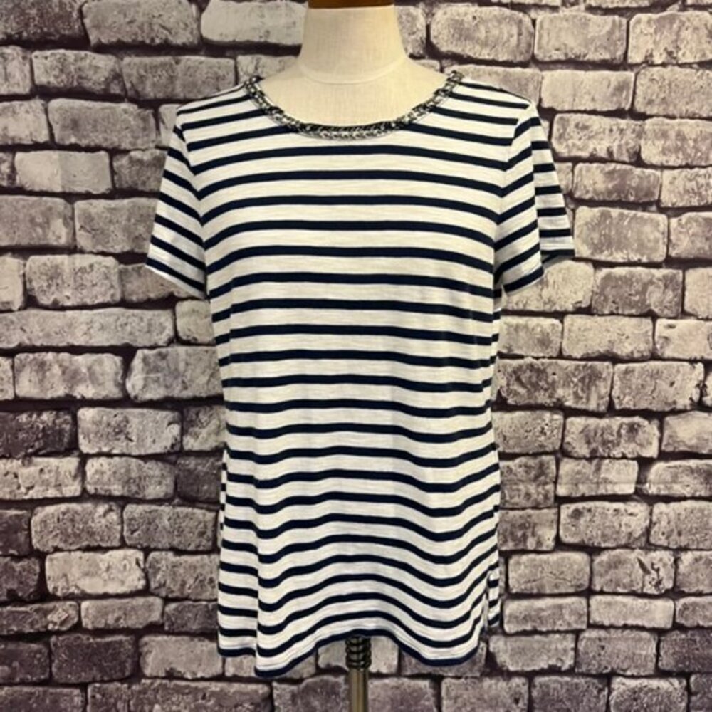 Chico's Blue & White Striped Short Sleeve Top Size Large